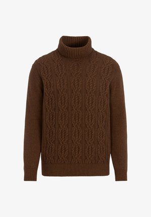 Brown gebreide coltrui met een gestructureerd kabelpatroon, ribbelkraag, boorden en zoom, met een relaxte pasvorm en klassiek ontwerp.