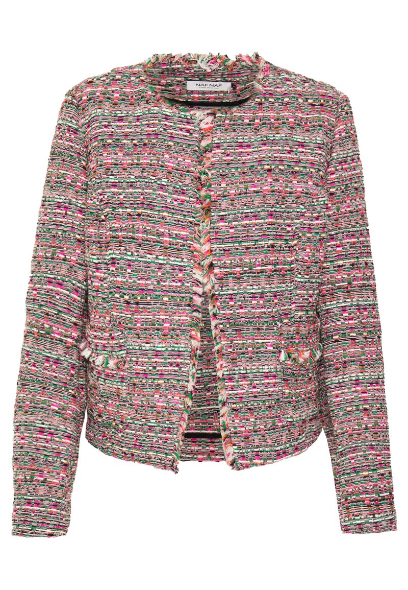Multifarvet damejakke lavet af tekstureret stof, med en croppet pasform, åben front og frynset kant. Indeholder to forlommer.