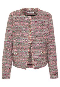 Wielobarwna damska kurtka wykonana z tkaniny o fakturze, z krótkim krojem, otwartym przodem i postrzępionymi brzegami. Posiada dwie przednie kieszenie.