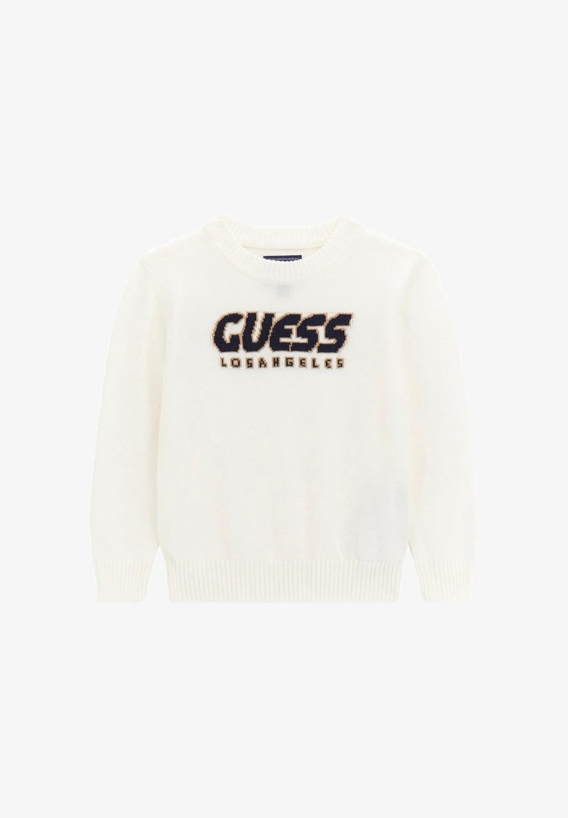 Baltas mezginys megztinis su apvalia iškirpte, įvaro elastinėm rankovėm ir apatine dalimi, su tamsiai mėlynu ir rudu siuvinėtu užrašu "GUESS LOSANGELES".