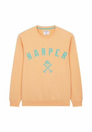 Sudadera peach de manga larga con texto azul "HARPER" y logo de bates de béisbol cruzados con una gorra debajo del texto.