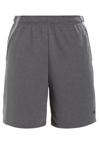 Shorts de sport gris foncé avec taille élastique et poches latérales, en tissu léger et respirant.