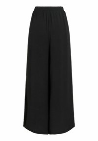 Pantalon noir à jambes larges avec taille élastique, coupe ample et ourlet à la cheville.