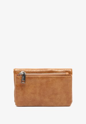 Brown leather wallet with a textured front and smooth back, featuring a silver zipper and a small black hardware accent.