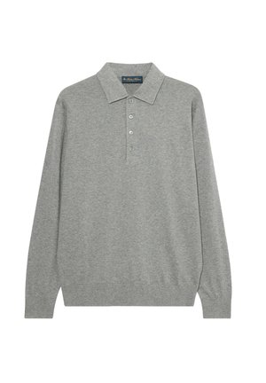 Lichtgrijze polo met lange mouwen van zachte stof, met een kraag, vijf-knoopsluiting en geribde manchetten.