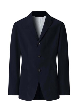 Blazer azul marino para hombre con tres botones al frente, solapas con muesca, bolsillo en el pecho y dos bolsillos parche inferiores, desabrochado, con forro interior claro.