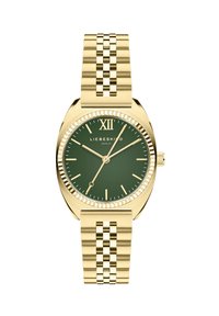 Gouden horloge met een groene wijzerplaat, Romeinse cijfer XII op 12 uur, en een gestructureerde metalen armband met een schakeldesign.