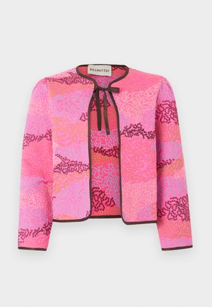 Pink patterned long-sleeve jacket with brown trim and tie closure at the neckline, labeled "HELMSTEDT," displayed on a white background.