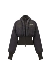 Černá zkrácená péřová bunda s vysokým límcem, žebrovanými manžetami a zipovým zapínáním. Disponuje hladkým, texturovaným povrchem a nenápadným logem.