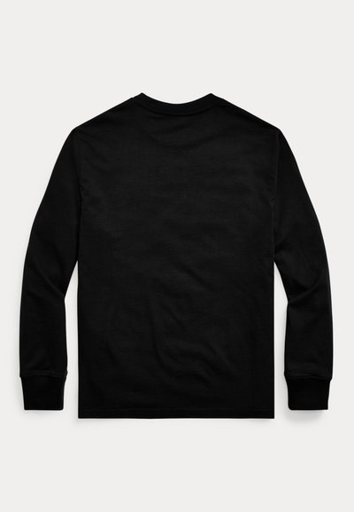 Tricou negru cu mâneci lungi și guler rotund, așezat plat, arătând spatele cu manșete rib și o textură netedă a materialului.