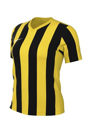 Maillot de sport jaune et noir à rayures verticales, manches courtes, col en V et logo blanc Nike sur la poitrine droite.