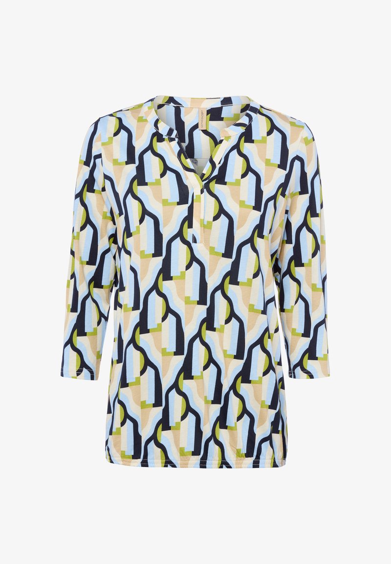 Blouse à manches longues avec motif géométrique en bleu clair, beige, vert olive et noir, présentant une encolure fendue et une coupe décontractée.