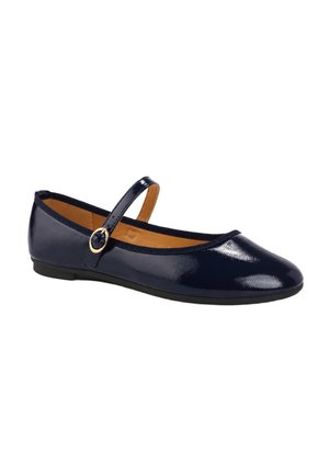 Chaussure plate Mary Jane en cuir verni bleu marine avec une bride unique et une boucle dorée, doublure intérieure beige et semelle noire.