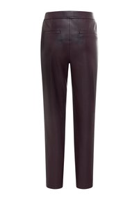Burgundy leather trousers with a straight cut, featuring two back pockets and a smooth texture. Tailored waistband with no visible hardware.