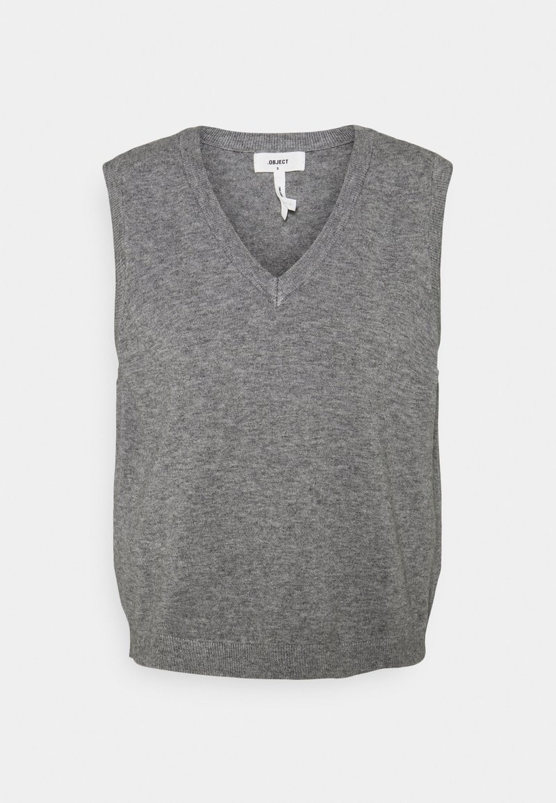 Gilet sans manches en tricot gris avec col en V et ourlet côtelé, présenté sur un fond uni clair.