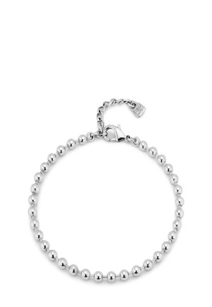 Pulsera de plata hecha de cuentas redondas uniformes con un acabado pulido. Presenta un cierre tipo langosta y una cadena ajustable para personalizar el tamaño.