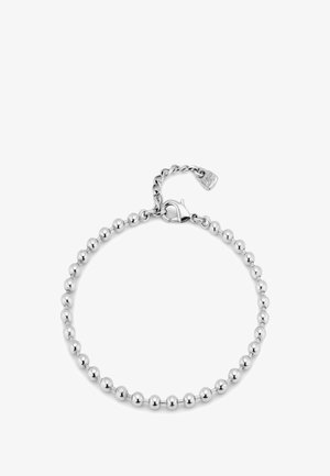 Pulsera de plata hecha de cuentas redondas uniformes con un acabado pulido. Presenta un cierre tipo langosta y una cadena ajustable para personalizar el tamaño.