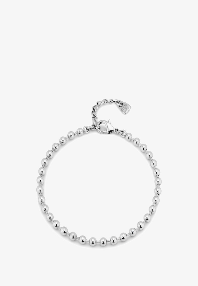 Pulsera de plata hecha de cuentas redondas uniformes con un acabado pulido. Presenta un cierre tipo langosta y una cadena ajustable para personalizar el tamaño.