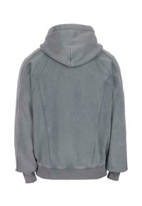 Sweatshirt à capuche gris avec des poignets et un ourlet côtelés, détails de couture visibles, vu de l'arrière.