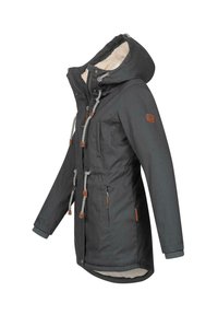 Dark grey parka jacket with a fur-lined hood, drawstring accents, and brown leather patches. Features zippered and snap-button closures.