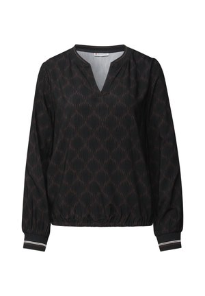 Sort bluse med V-hals og elastiske manchetter, præget af et geometrisk brunt mønster over det hele. Har en afslappet pasform og ribbet kantdetalje.
