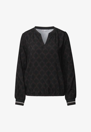 Blusa negra con escote en V y puños elásticos, con un patrón geométrico marrón en toda su superficie. Tiene un corte relajado y detalles en el bajo acanalados.