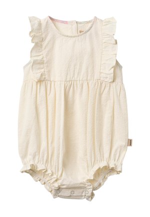 Peto de bebé de color crema con mangas con volantes, cintura fruncida y broches a presión en la entrepierna para facilitar el cambio de pañales.