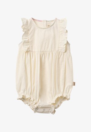 Detský overal krémovej farby s volánikovými rukávmi, nariaseným pásom a zapínaním na patentky v rozkroku pre ľahšiu výmenu plienok.