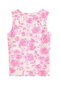 Hvid tanktop med et pink roseblomstermotiv, ribbet tekstur og rund halsudskæring. Uden ærmer, med kontrasterende pink kant ved kanterne.