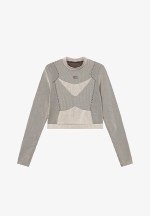 Korte lange mouw top met een gestreept patroon, voorzien van beige en bruine kleuren, geribbelde mouwen en een geometrisch ontwerp op de voorkant.