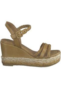 Braune Leder-Wedge-Sandalen mit geflochtenen Riemen, verstellbarem Knöchelriemen und einer mit Jute umwickelten Plattformsohle. Glatte Textur und offenes Design.