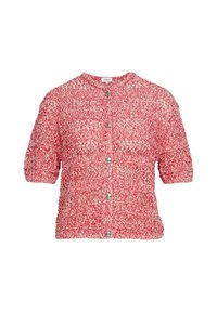 Rode en witte gebreide cardigan met korte mouwen, ronde hals en vijf zilveren knopen. Textuur materiaal met een gelaagd patroon.