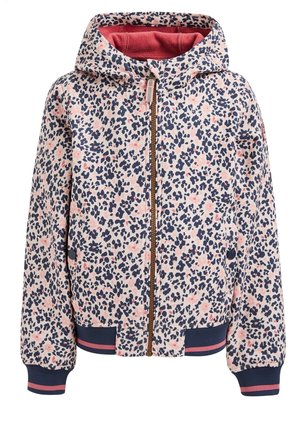 Hættetrøje med leopardmønster i pink, marineblå og hvid, med lynlås foran, ribbet manchetter og kant samt en blød rød foring.