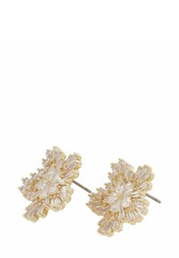 Guldtonade örhängen med en blommig design som har klara kristallaccent, texturerade ytor och en blandning av runda och avlånga former.