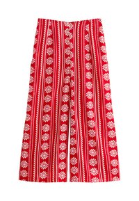 Roter Rock mit floralem Muster und vertikalen Streifen. Aus leichtem Stoff gefertigt, mit weißen Gänseblümchen und dekorativen Rändern.