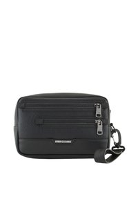 Borsa a tracolla nera in pelle con due tasche frontali con zip e tracolla regolabile. Presenta una texture sottile e un dettaglio del logo sulla parte frontale.