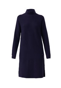 Robe à manches longues et col roulé en tissu maille bleu marine foncé, dotée de fentes latérales et d'un discret accent logo près de l'ourlet. Texture douce et coupe décontractée.