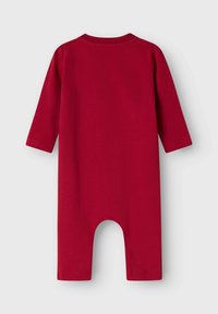 Rode romper met lange mouwen gemaakt van zacht katoen, voorzien van een ronde hals en drukknoopsluiting aan de onderkant voor gemakkelijk aankleden. Soepele textuur en effen kleur.