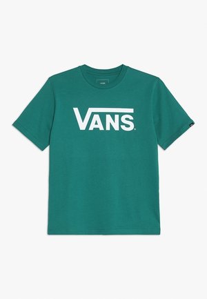 Krótki rękaw koszulki w kolorze morskim z dużym białym logo Vans umieszczonym na środku przodu.