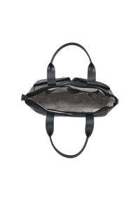 Black leather tote bag with smooth finish. Interior features light gray lining with a subtle pattern. Double handles for easy carrying.