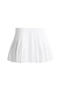 Mini-jupe plissée blanche avec une large ceinture, un tissu lisse et des plis nets régulièrement espacés tout autour.