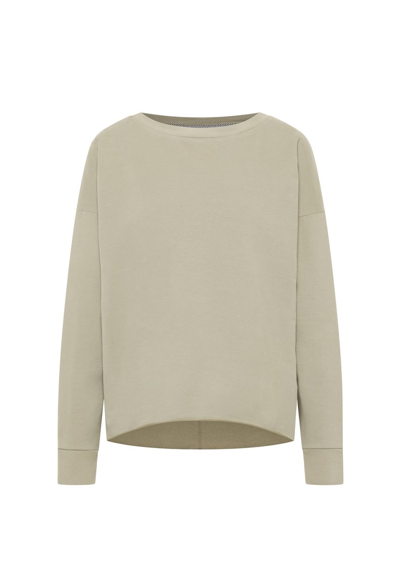 Lichtgroene longsleeve sweatshirt met een ronde hals, gedropte schouders en een cropped zoom. Zachte stof met minimale stikdetails.