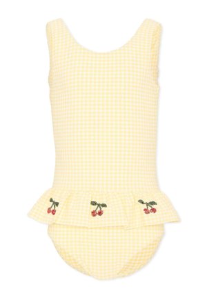 Costume da bagno per bambina piccolo a quadretti gialli e bianchi con design senza maniche e gonna arricciata con ciliegie rosse ricamate.