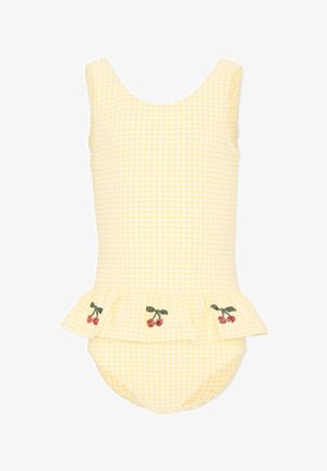 Maillot de bain pour tout-petit à carreaux jaune et blanc, sans manches, avec une jupe volantée ornée de cerises rouges brodées.