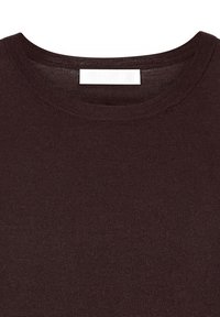 Dark brown knitted sweater with a round neckline. Smooth texture and simple design, featuring a sewn-in label with "NAKD" logo.