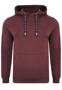 Sweat à capuche bordeaux avec cordons de serrage rayés bleu marine et blanc, poche kangourou à l'avant, et petit logo brodé sur la poitrine gauche.
