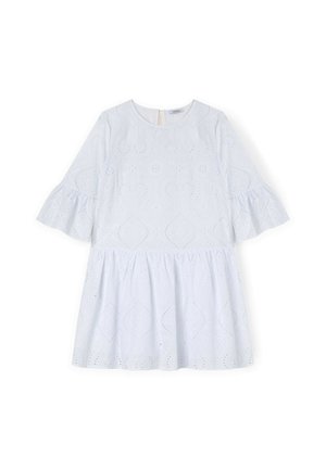 Valkoinen puuvillamekko, jossa on pyöreä kaula-aukko, 3/4 pitkähihaiset leveät hihat ja silmäpistembrodeeraus kerroksellisessa hamekokoonpanossa.