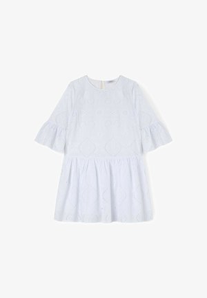 Valkoinen puuvillamekko, jossa on pyöreä kaula-aukko, 3/4 pitkähihaiset leveät hihat ja silmäpistembrodeeraus kerroksellisessa hamekokoonpanossa.