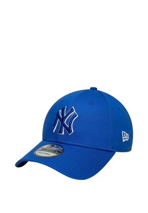 Casquette de baseball ajustable bleue avec logo New York Yankees blanc et bleu à l'avant et logo du drapeau New Era sur le côté.