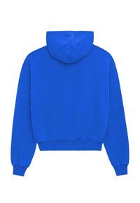 Felpa blu con cappuccio foderato, polsini e orlo a coste, morbida al tatto e dalla vestibilità ampia; presenta un design semplice senza grafiche o abbellimenti.